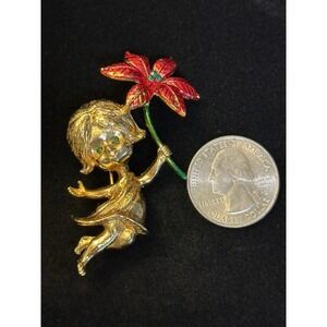 Vintage MYLU Girl With Red Flower Brooch • Gold-Tone Enamel Pin
